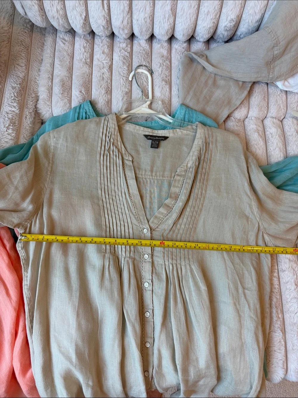 3 Tommy Bahama Linen Button Down Blouses with Ruffle Detail Aqua Coral and Tan - Picture 14 of 15